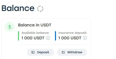 1Trade / Plixo / Pay2play balance screen — available balance and insurance deposit in USDT