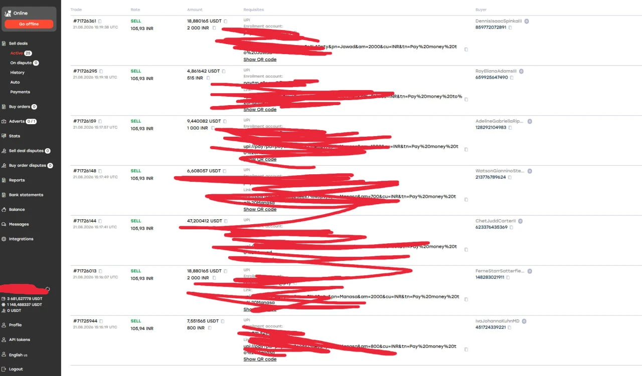 1Trade / Plixo / Pay2play sell deals list with UPI requisites, rate and amounts in USDT and INR